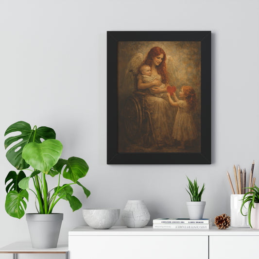 Framed Poster — Angel Mother in Wheelchair with Child Holding Heart (Vertical)