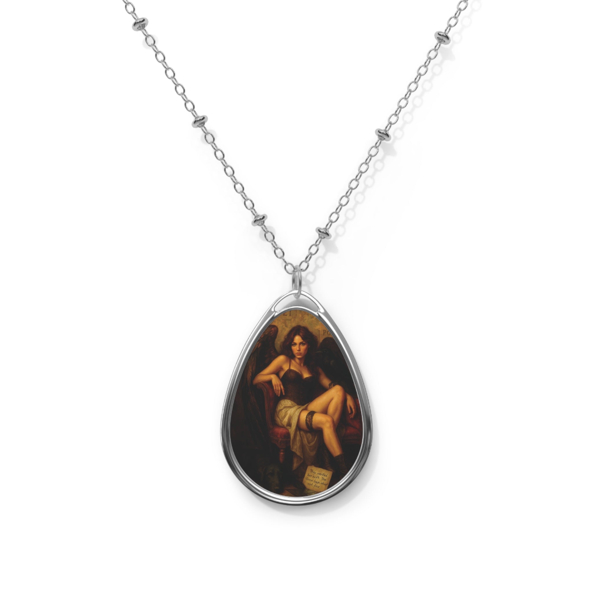 Oval Pendant Necklace with Vintage Angel Painting — Religious Teardrop Locket