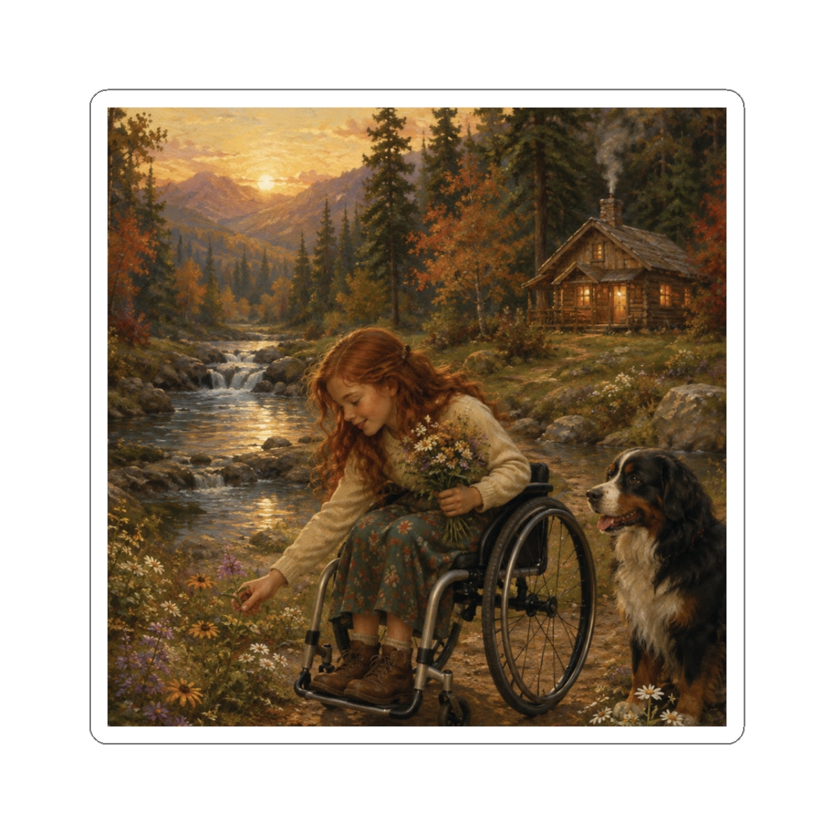 Wheelchair Girl in Cottage Forest Sticker — Inspirational Nature Scene Kiss-Cut Sticker