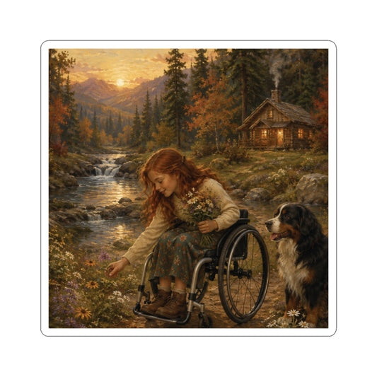 Wheelchair Girl in Cottage Forest Sticker — Inspirational Nature Scene Kiss-Cut Sticker