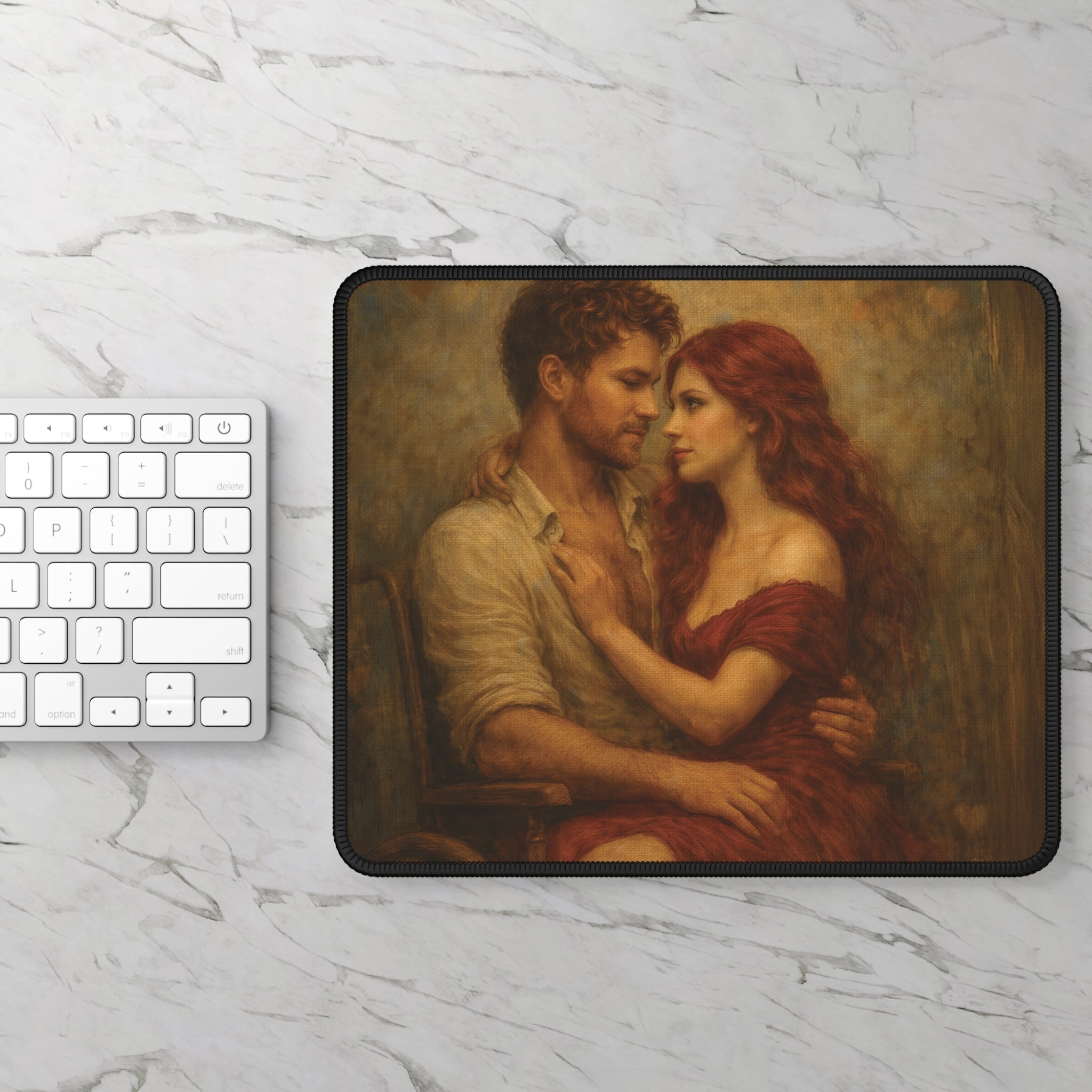 Romantic Vintage Couple Gaming Mouse Pad — Oil Painting Love Desk Mat