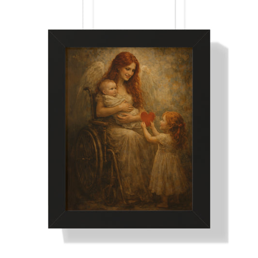 Framed Poster — Angel Mother in Wheelchair with Child Holding Heart (Vertical)