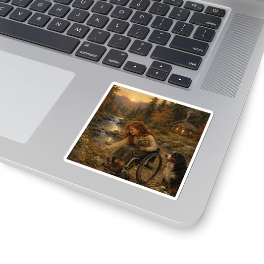 Wheelchair Girl in Cottage Forest Sticker — Inspirational Nature Scene Kiss-Cut Sticker