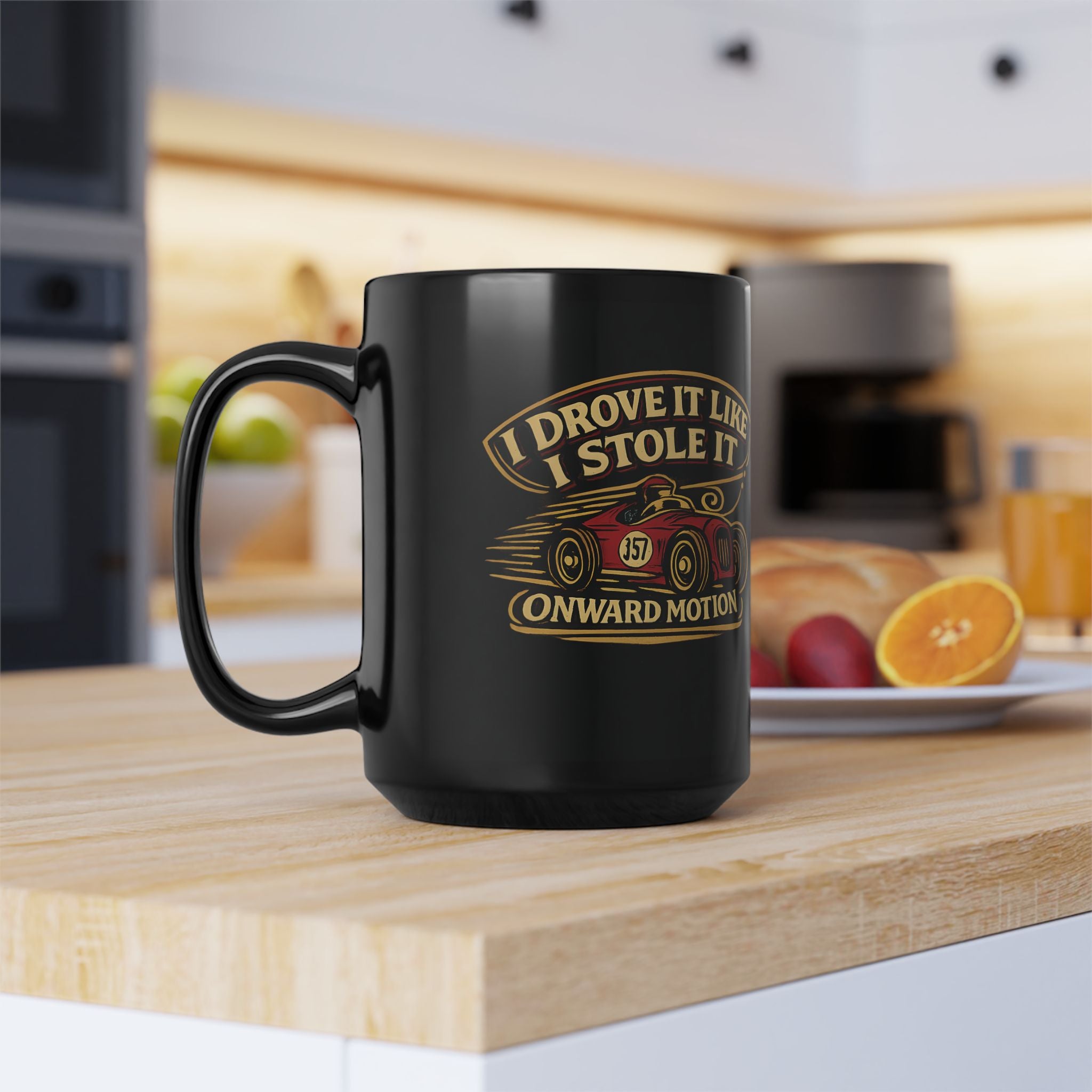 I Drove It Like I Stole It Vintage Race Car Black Mug — 15oz