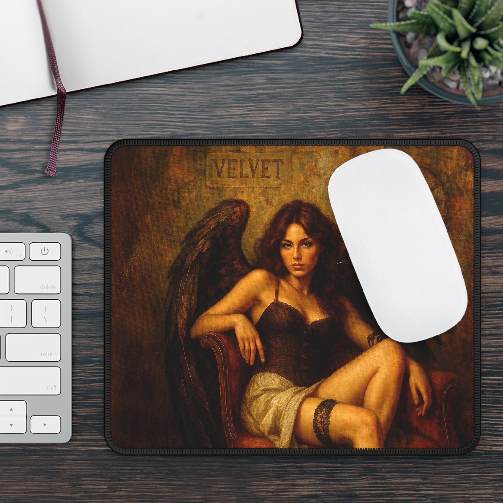Gothic Angel Gaming Mouse Pad — Dark Velvet Poetry Raven Artwork