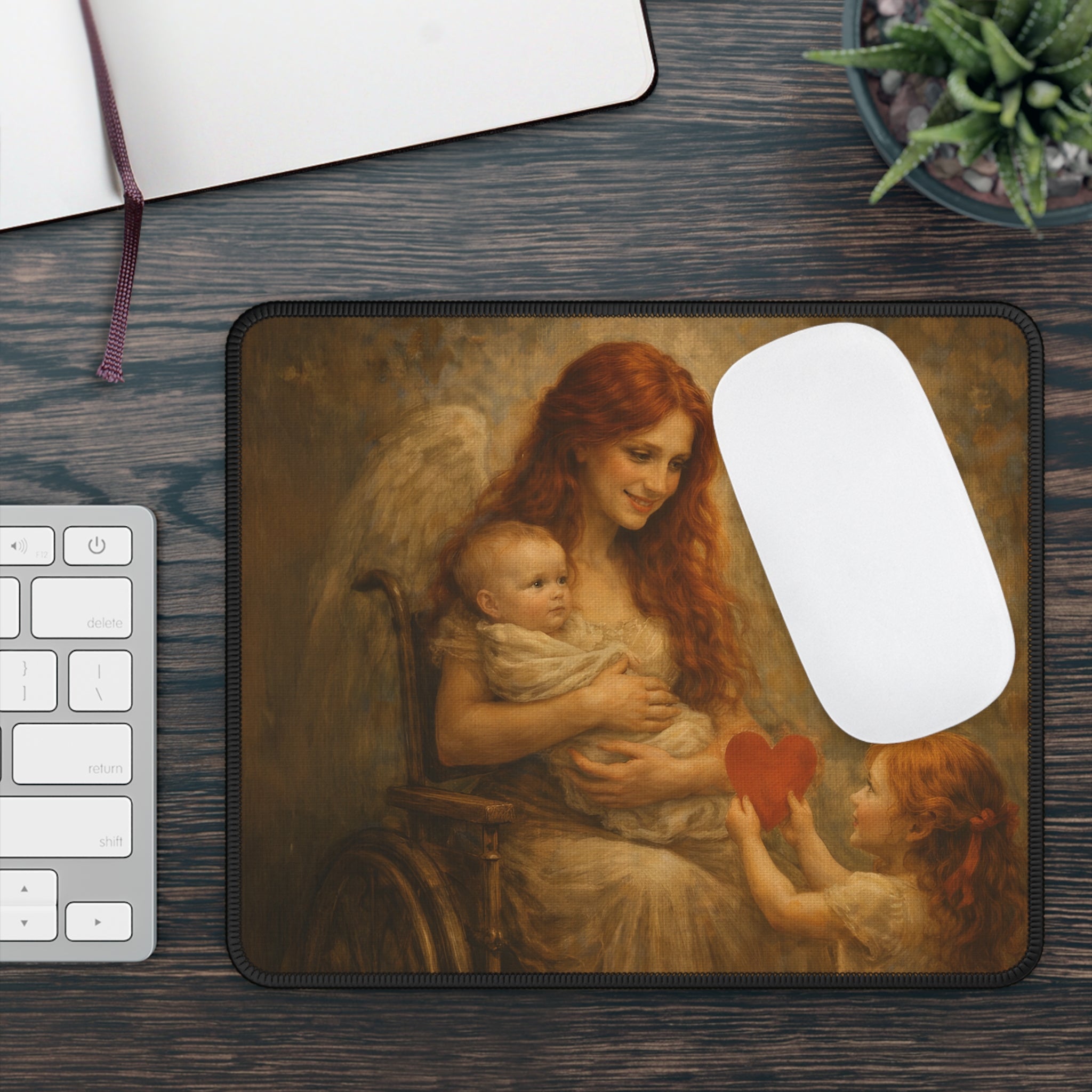 Angel Mother & Children Heart Gaming Mouse Pad — Vintage Sentimental Desk Mat