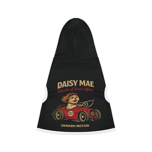 Daisy Mae Vintage Race Car Pet Hoodie — Personalized Retro Pup Racing Design