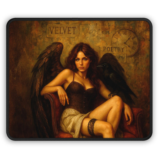 Gothic Angel Gaming Mouse Pad — Dark Velvet Poetry Raven Artwork