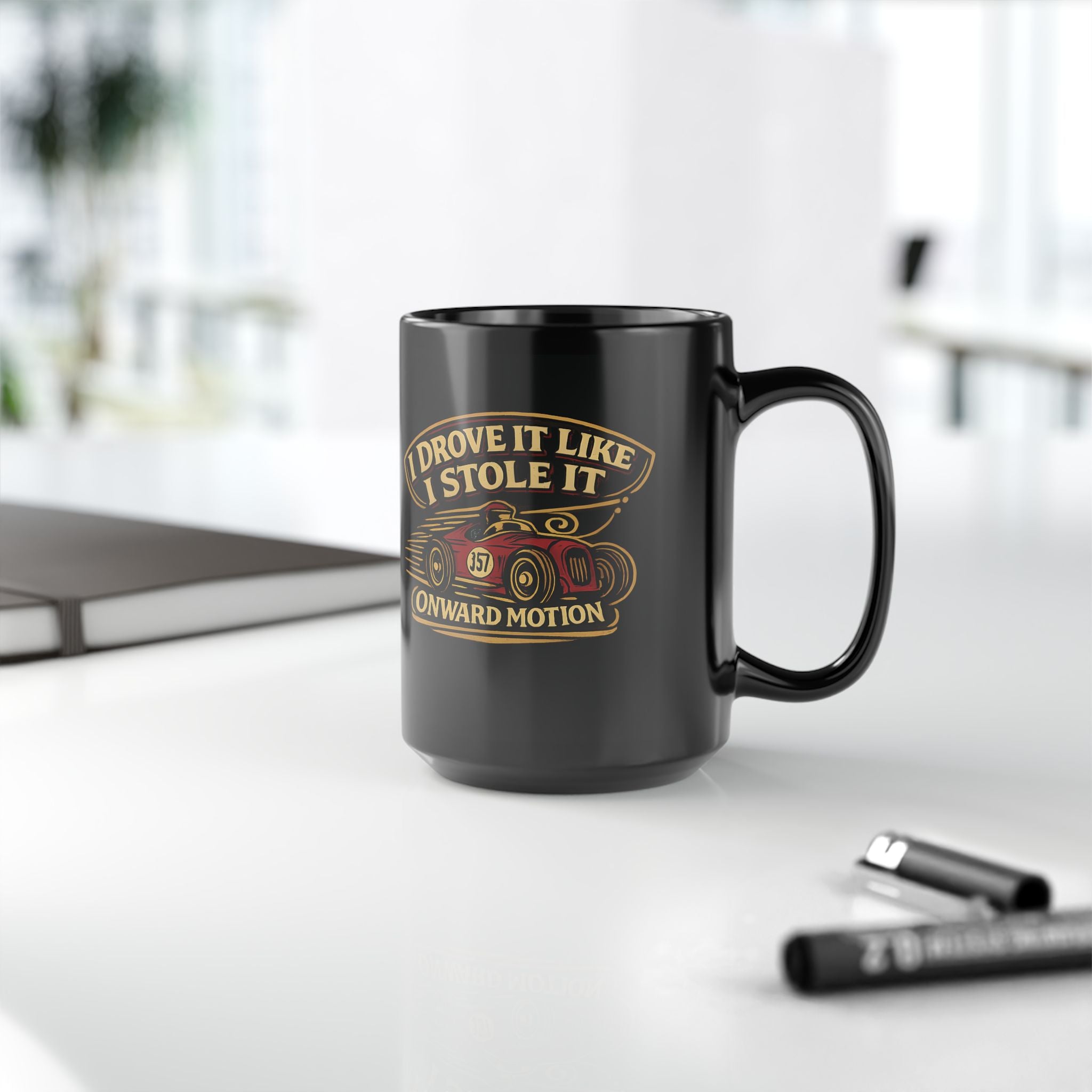 I Drove It Like I Stole It Vintage Race Car Black Mug — 15oz