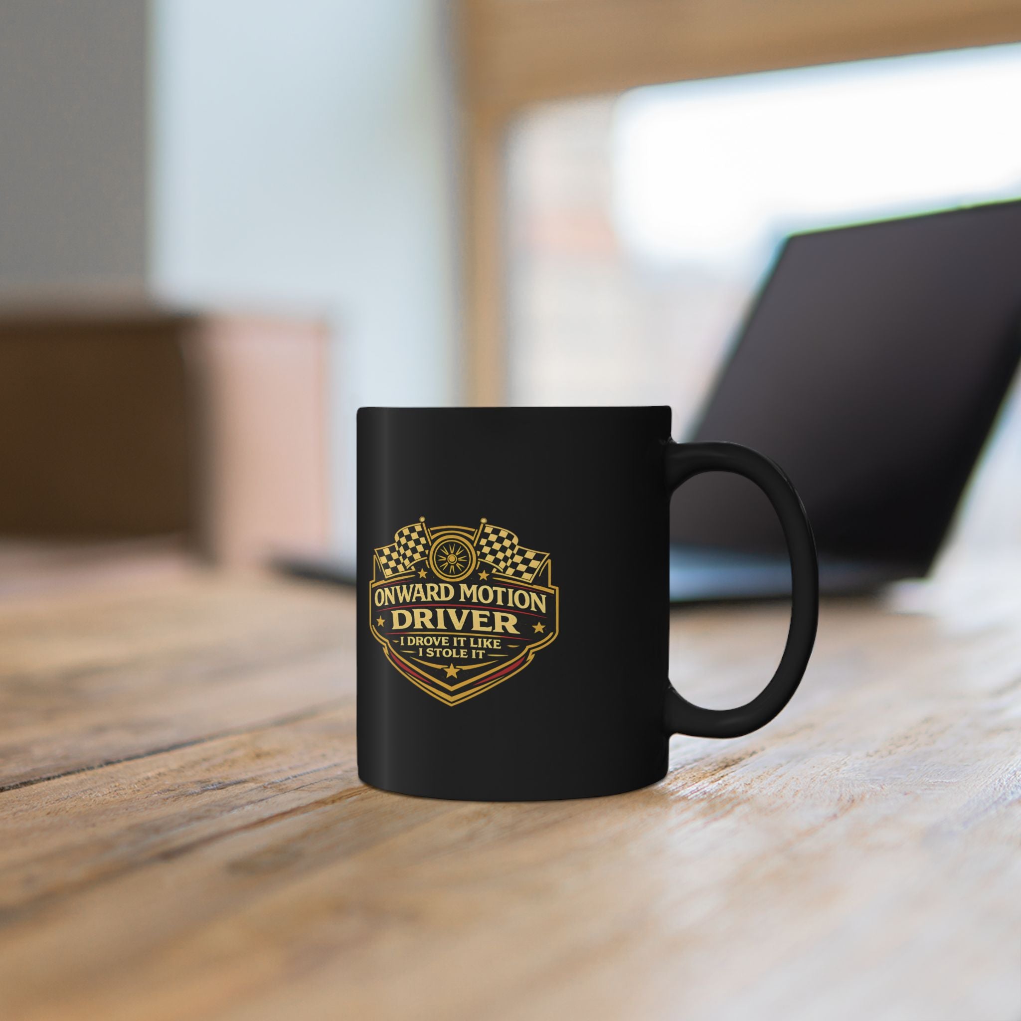 Onward Motion Driver Black Mug — "I Drove It Like I Stole It" Vintage Racing Coffee Cup (11oz & 15oz)