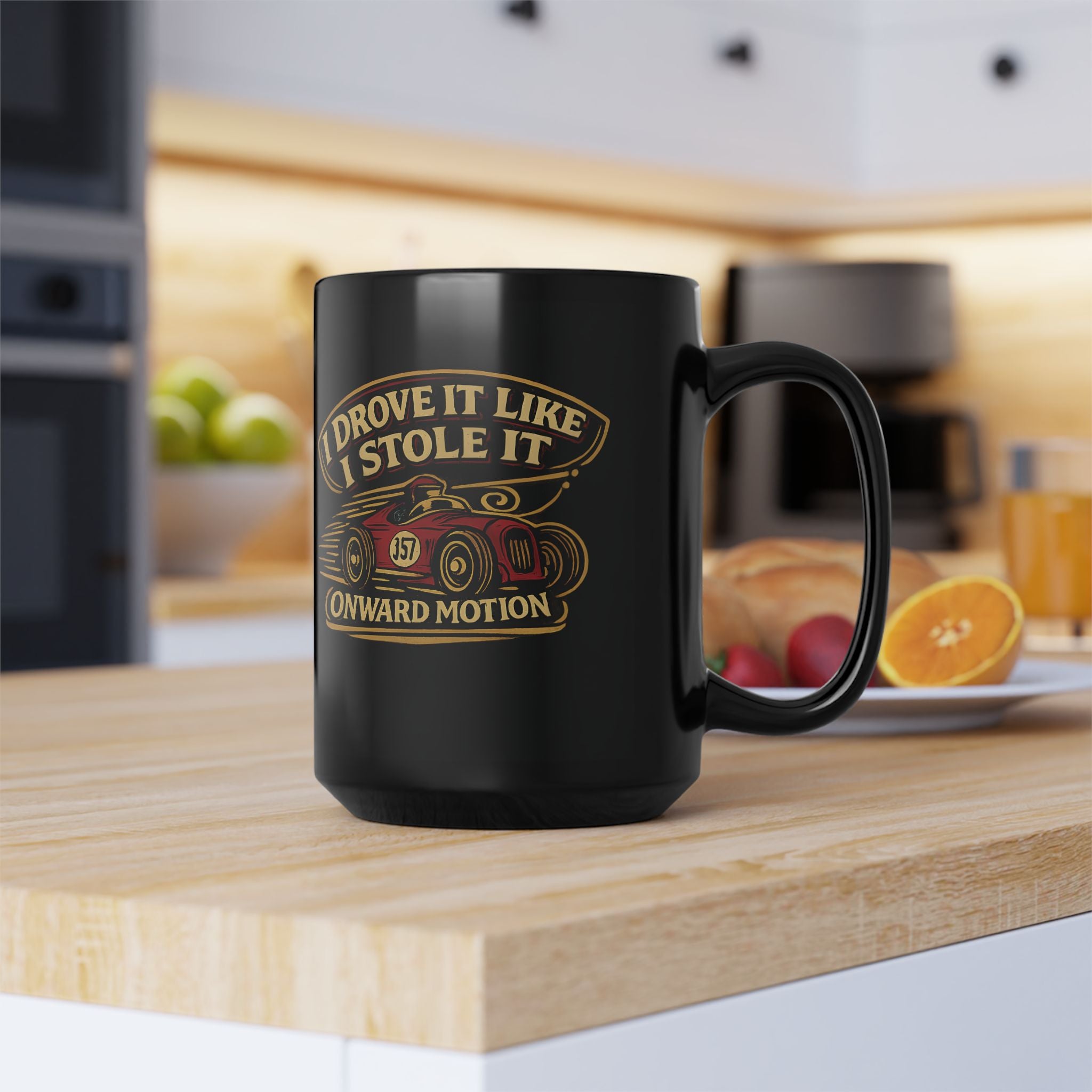 I Drove It Like I Stole It Vintage Race Car Black Mug — 15oz