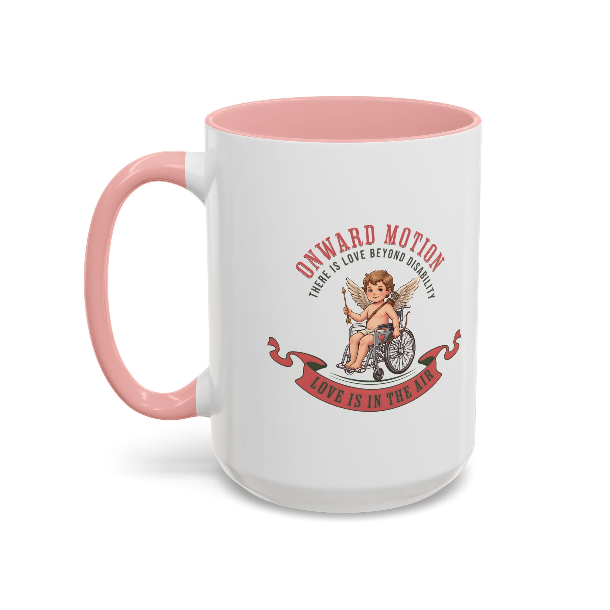 Onward Motion Cherub Wheelchair Coffee Mug — "Love Is In The Air" Accent Mug