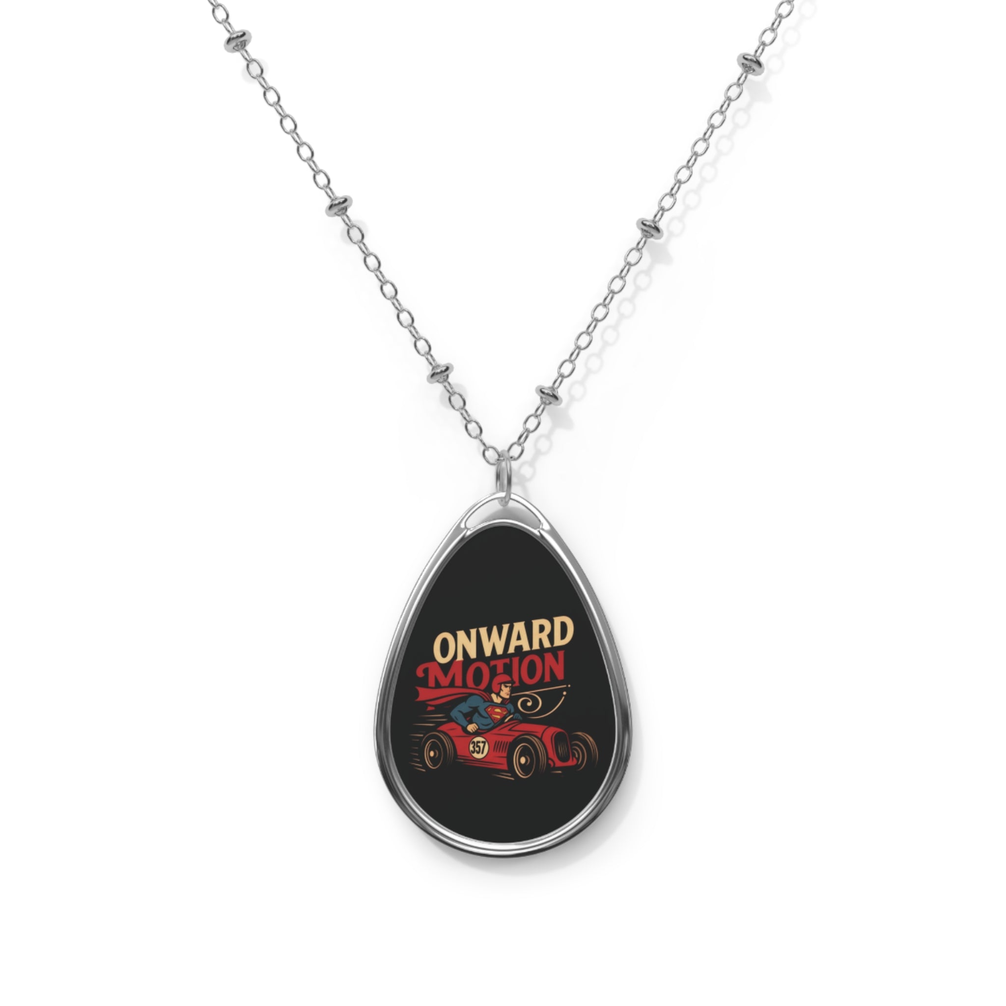 Onward Motion Retro Race Car Oval Necklace — Vintage Racing Pendant Jewelry