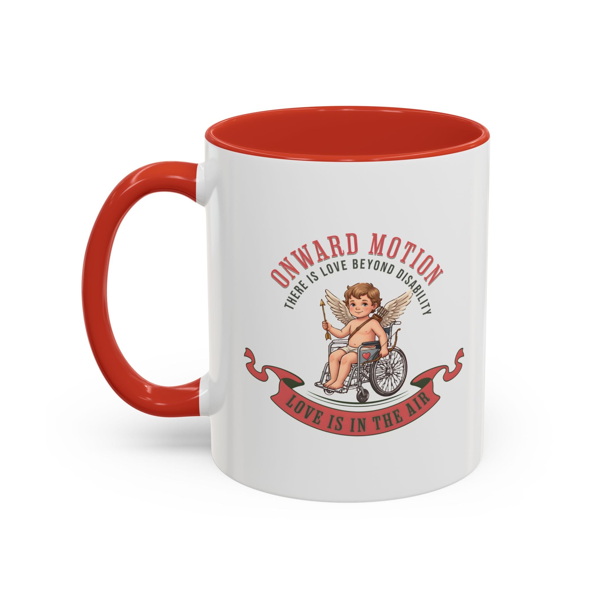 Onward Motion Cherub Wheelchair Coffee Mug — "Love Is In The Air" Accent Mug