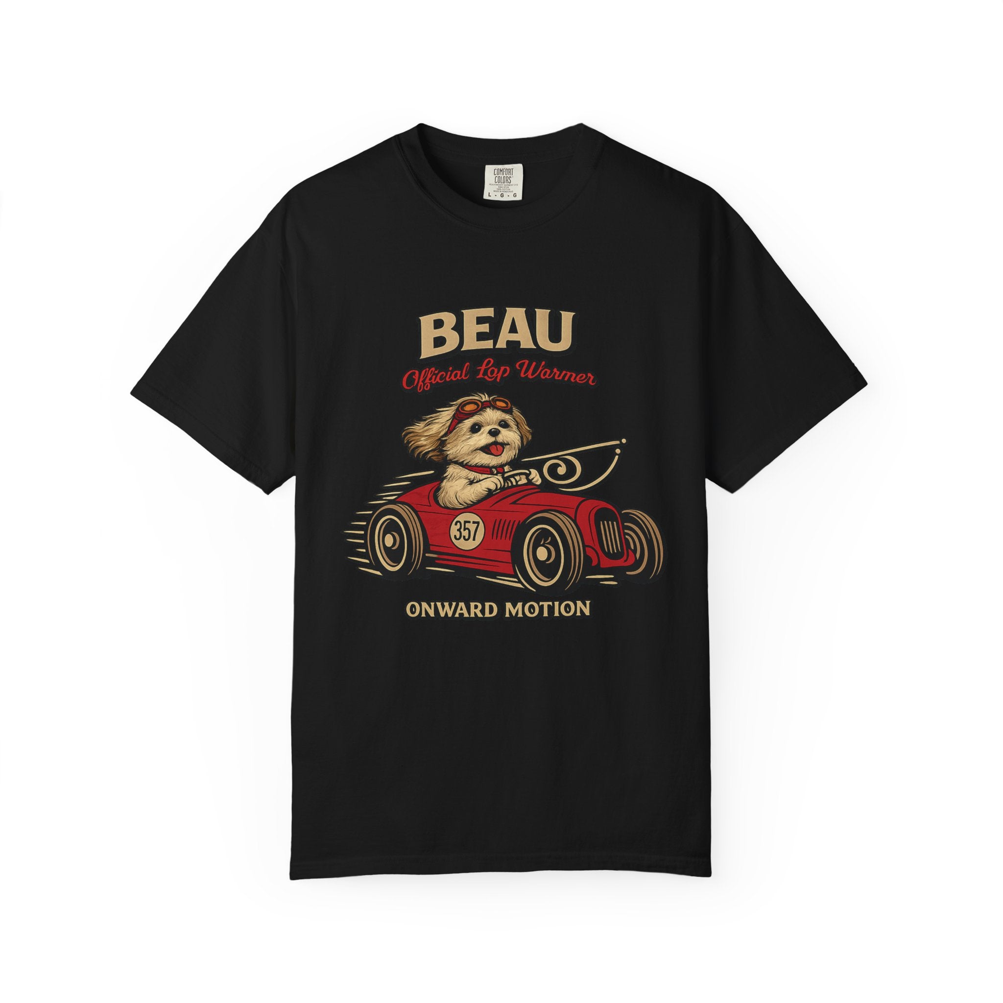 Beau Retro Racer T-Shirt — 'Beau' Dog in Car Vintage Graphic Tee (Front & Back: "I Snuggled Beau and I Liked It")