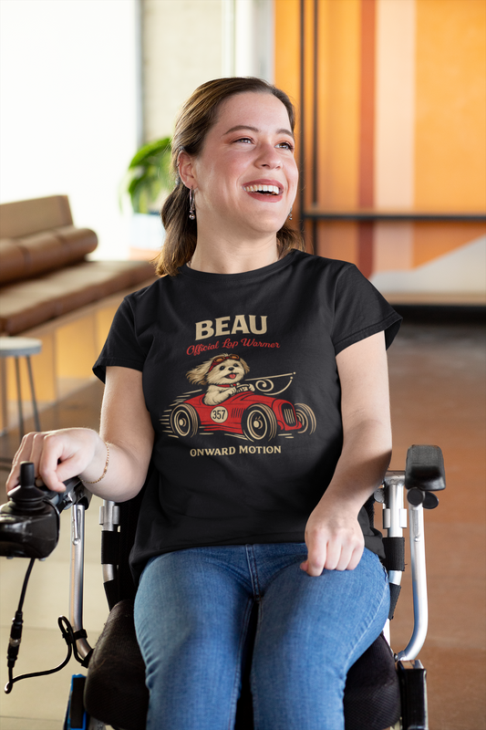 Beau Retro Racer T-Shirt — 'Beau' Dog in Car Vintage Graphic Tee (Front & Back: "I Snuggled Beau and I Liked It")